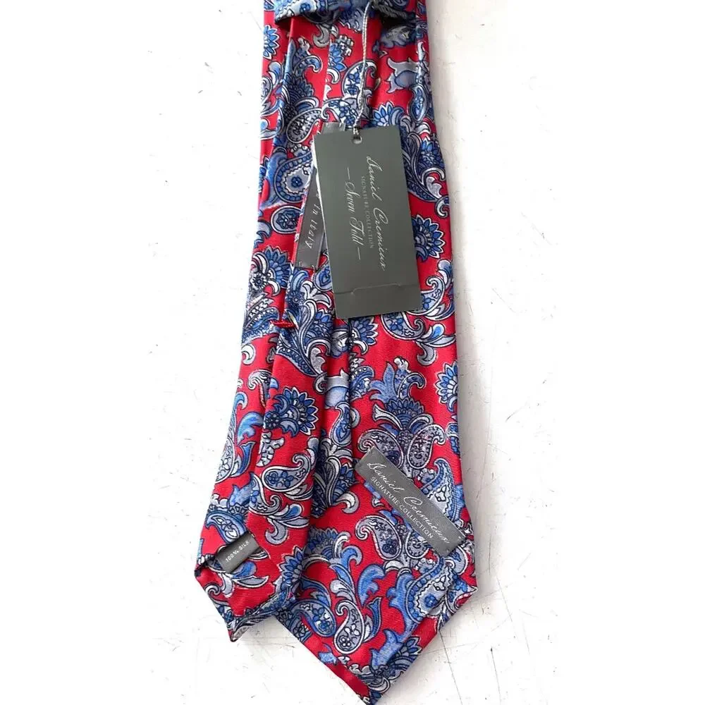 Daniel Cremieux Neck Tie Nwt Red Paisley Silk Seven 7 Fold Hand Made in Italy